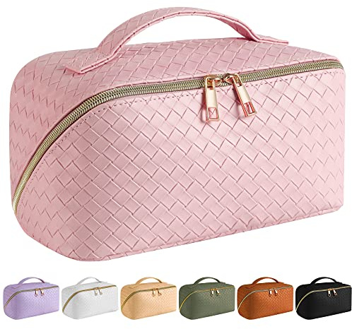 SFXULIX Große Kapazität Reise Kosmetiktasche - Make-up-Tasche, PU Leder wasserdichte Kosmetiktasche, Frauen Tragbare Reise Make-up Tasche Mit Griff und Trennwand Flache Lay Make-up Organizer Tasche,