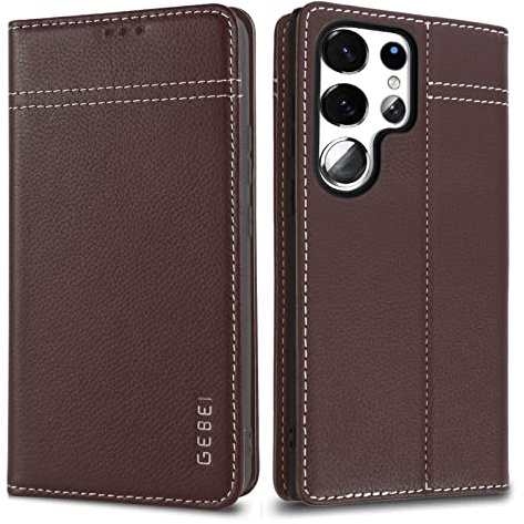 Gebei Hülle Echt Leder für Samsung Galaxy S23 Ultra 5G - Premium Echte Lederhülle mit Standfunktion und Kartenfach Flip Case Ledertasche Handyhülle Schutzhülle Klapphülle - Braun