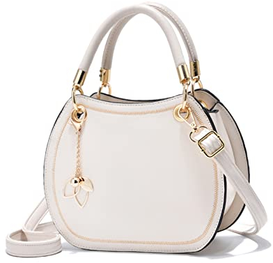 NICOLE & DORIS Handtasche Rund Klein Umhängetasche Damen Satchel Handtasche Mädchen Schultertasche PU Leder Kleiner Tasche mit Griff Niedlich Henkeltasche Crossbody Bag mit Anhänger Weiß