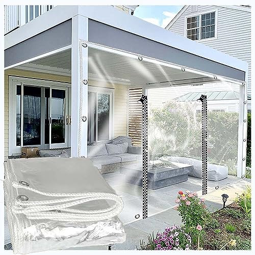 ZHJSHOU Custom Size Clear PVC Tarpaulin 2.5mx9.5m, Transparent Heavy Duty Waterproof Tarp 420gms with 2 Zip for Pergola Cover,Balcony Rain Protection,Garden, Outdoor Bar