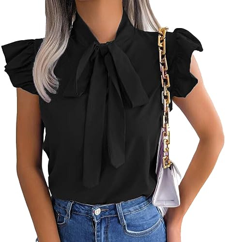 BKEPDY Blusa Mujer Elegante con Lazo Manga Corta Camiseta Verano Cuello Camisa Volantes Top Oficina Casual Blusas Moda Primavera Ropa Basica