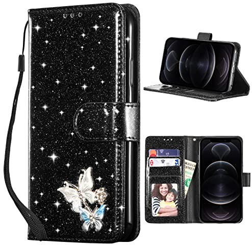 UEEBAI Wallet Case for iPhone 15 Pro Max 6.7 inch, Premium Sparkly Glitter PU Leather Phone Case Card Slots Kickstand Case Magnetic Closure Bling Case Shiny Flip Cover with Wrist Strap - Black