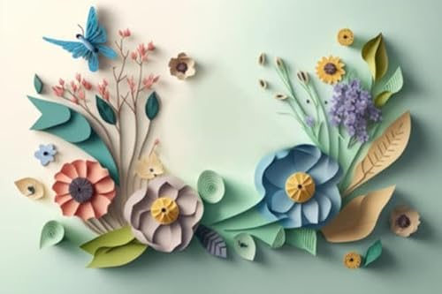 Acryl-Bild 50 x 30 cm: Naturpflanzen und Vögel der Frühlingssaison auf weißem Hintergrund in Pastellfarben und Papierhandwerksstil. (200532186)