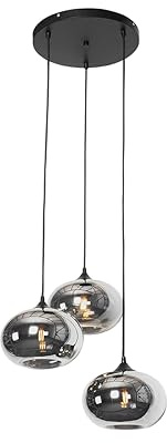 Qazqa Smart led Art Deco Pendelleuchte, Pendellampe - Busa - Schwarz mit Rauchglas, Rund, 1800K - 4000K, extra warmweiß - kaltweiß, dimmbar, 3-flammig, 45cm, Ideal als Küche lampe, Schlafzimmerlampe