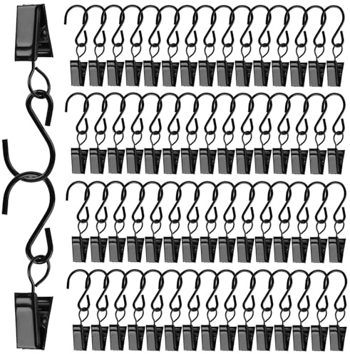 Edelstahl-Metall-Clips mit S-Haken für Vorhänge, Fotos, Kunst, Handwerk, Aufhänger-Clips, Heimdekoration, 60 Stück, schwarz