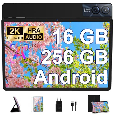 2024 Tablette Tactile 11 Pouces Android 13 16GB RAM+256GB ROM+TF 1TB, 2K Écran 2000*1200, Octa-Core, 8600mAh, WiFi 5G, GPS, BT 5.0, 13MP+5MP, Corps en Métal, avec Cas, Clavier et Souris-Noir