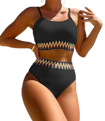 Enwokran Dam Baddräkt Hög Midja Push Up Sport Bikini Halter Badkläder Tvådelad Vadderad Utskärning Med Justerbar Rem, Svart, M