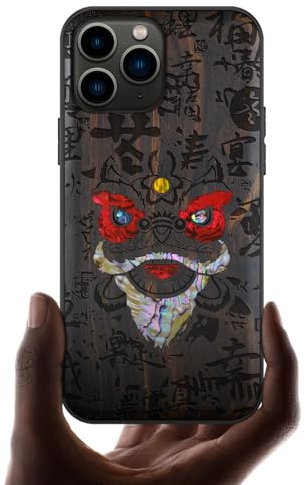 Carveit Etui pour iPhone 11 Pro de Coque [Bois et Incrustation de Coquille] Souple TPU de Téléphone Compatible avec Apple 11 Pro Étui (Bois Sombre-Chinesischer Löwentanz)