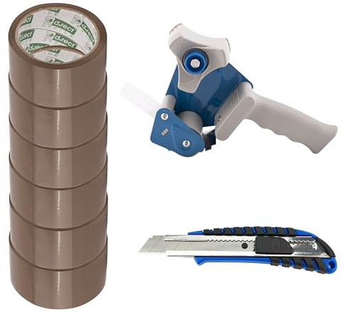D.RECT tejpdispenser med 6 bruna pakettejprullar 50 m x 48 mm inklusive 6 rullar förpackningstejp, skärkniv blad 18 mm med gummerat handtag, brun