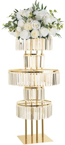 Gold Crystal Vases for Centerpieces, 47.2in Metal Pedestal Stands for Table Chandelier Centerpiece Wedding, 5 Tier Round Flower Stand for Wedding Reception Birthday Party Events Home Decor