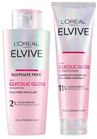 L'Oréal Paris Elvive Glycolic Gloss for Dull Porous Hair, Get The Shiniest Hair of Your Life, Glossing Routine for Mirror-Like Shine, Shampoo, Conditioner, Lamination Treatment, Leave-In Serum Set