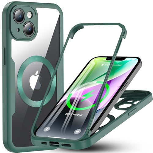 Für iPhone 14 Hülle Kompatibel mit MagSafe, 360 Grad Handyhülle iPhone 14 Eingebaut Schutzfolie Magnetisch Stoßfest Case für iPhone 14 6,1 Zoll Schutzhülle Outdoor Magnet Cover mit Displayschutz(Grün)