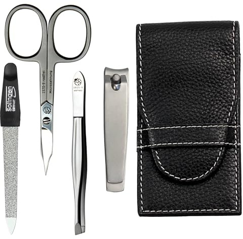 Sonnenschein by Hans Kniebes - Maniküre Set 4 teilig - Nagelschere, Nagelknipser, Nagelfeile und Pinzette - Taschenmaniküre Nagelpflegeset - echt Rindleder Manicure Etui schwarz