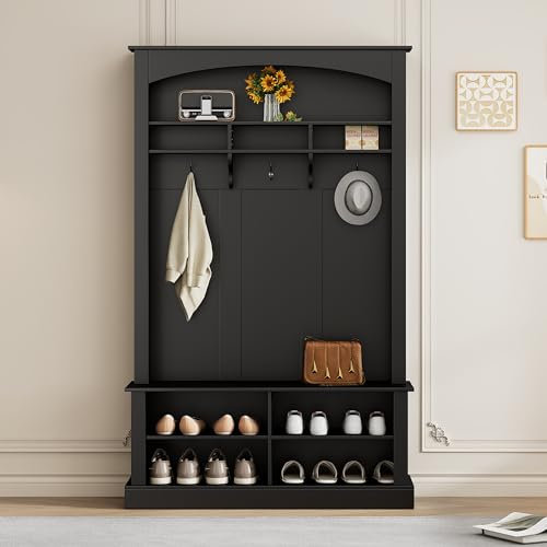 Ymkua Garderobenset Wandgarderobe, Flurgarderobe Set mit Schuhbank, Garderoben Set mit 3 Kleiderhaken und offenem Stauraum, Kompaktgarderobe, Wandgarderobe, 120L x 40B x 190H cm (Schwarz)