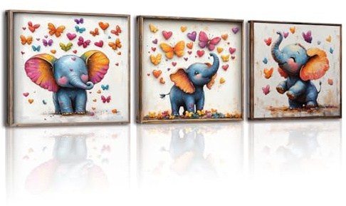 Piy Painting Tier Leinwanddruck, Niedlicher Elefant Als Wandgemälde, Bunte Schmetterling Leinwand Wandbilder, Kunstdrucke Für Schlafzimmer Wohnzimmer Café Speisesaal, 3 Paneele 30x30 cm (90x30cm)