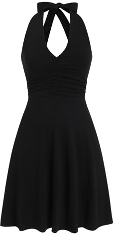 IBAKOM Women's Summer Dress Sexy Beach Floral Dress V Neck Ruffle A-line Halter Dress Casual Backless Party Cocktail Dress Black M