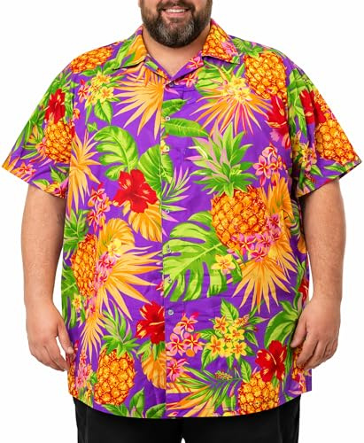 King Kameha Chemise Hawaienne Homme - Chemise Hawaïenne Homme Manches Courtes - Hinano - Chemisette Fleurie Leger – Pineapple, Violet, 7XL
