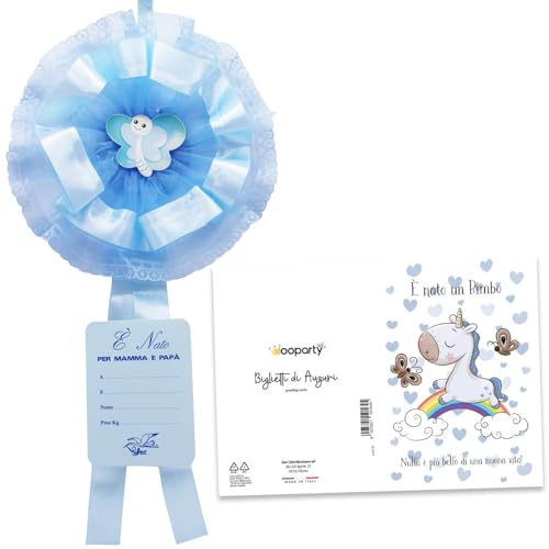 Coccarda Nascita - 20cm - Fiocco Nascita per Bambino e Bambina - Coccarda con Decorazioni in Tulle e Raso, con Biglietto di Nascita e Pratico Gancio (20cm-2)