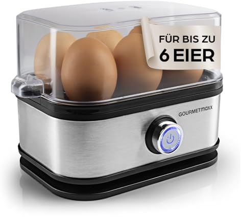 GOURMETmaxx Hervidor de huevos para 6 huevos. Hervidor de huevos con cortador de huevos en vaso medidor. Cocina para huevos con 3 grados de dureza, adecuada para cada huevera. Diseño de acero