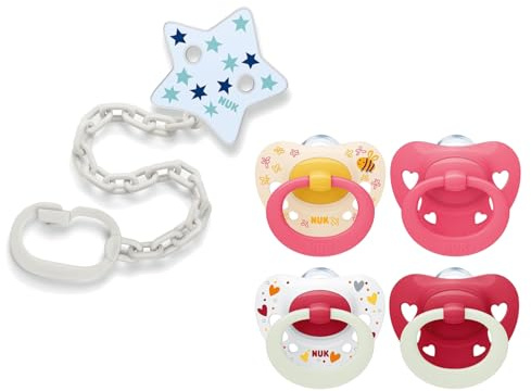NUK Schnuller-Set: Signature Silikon Schnuller Gr.2 Rot (4er Set) + Schnullerkette mit Stern-Motiv – BPA-frei, sicher & praktisch für Babys ab 6 Monaten