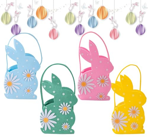 Cestas de huevos de Pascua - Manage 4x cesta con conejito de Pascua para huevos - Puntuaciones de escena de adornos al aire libre al aire libre Bolsa de caza colorida para caramelos, chocolate