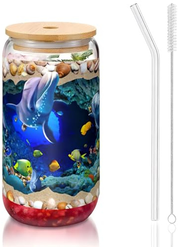 JIUTY Vasos 3D con impresión de delfines del mundo submarino con tapas y popote de vidrio, 1 taza de vidrio de 16 onzas, vasos de café helado de cerveza
