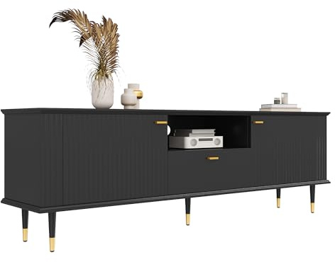 KecDuey Meuble TV bas avec compartiments ouverts et tiroirs, 170 x 36 x 54,5 cm, avec deux portes, surface structurée laquée, charnières à fermeture amortie (noir)