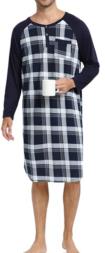 Enjoyoself Camisón Hombre Algodón Camisetas de Pijama Larga Dormir Suave Transpirable Camisa de Noche de Mangas Largas Camison Hospital Ropa de Dormir para Descansar Cuadros+Azul Marino 3XL