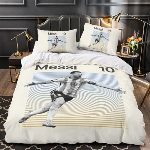 ZIMONJO Messi Set Copripiumino 2 Pezzi Copripiumino 3D Stampa Digitale Calcio E Federe Microfibra Morbido Set Di Biancheria Da Letto Con Cerniera Per Bambini Single（140x200cm）