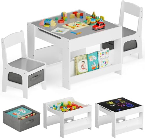 MAMIZO Tavolo per bambinicon 2 sedie, 3 in 1 Set tavolo e sedie, Mobili in legno per bambini con contenitori e librerie, Tavolo da gioco e attività, Tavolo da disegno, 3-7 anni, Grigio