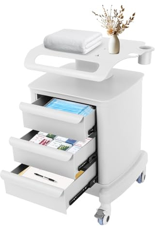 Carro de cosméticos con ruedas, carrito médico con 3 cajones y estante, carro auxiliar de ABS, capacidad de carga de 30 kg, para peluquería/salón/clínica, carrito de laboratorio, 4 ruedas con frenos