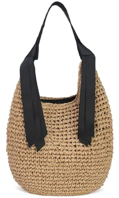 HuiYStar Sac de Plage en Paille pour Femme, Grand Cabas Tressé d'Été Sac à Main Épaule, Sac Hobo en Rotin avec Ruban de Soie