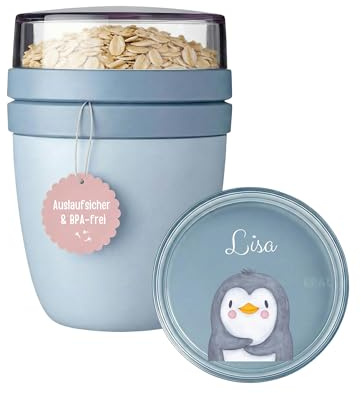 wunderwunsch Mepal Müslibecher personalisiert, Pot Joghurtbecher, to go Becher, Geeignet für Tiefkühler, Mikrowelle und spülmaschinenfest mit Wunschnamen (Pinguin, hellblau)
