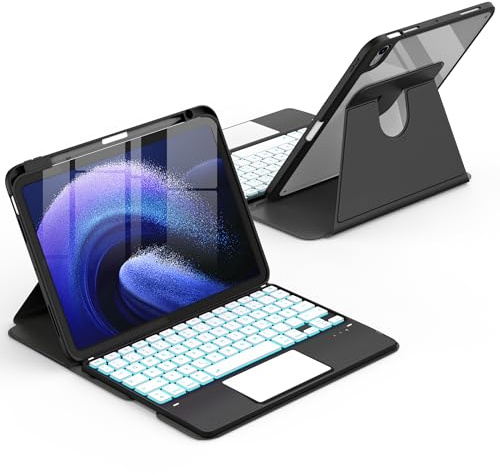 CACOE Hülle mit Tastatur Kompatibel mit iPad Air 11 Zoll M4/M3/M2(2026/2025/2024) iPad Air 5/4 Gen mit Touchpad, 7-Farbige Beleuchtung Abnehmbare Tastatur 360° Drehung mit Standfunktion, Schwarz