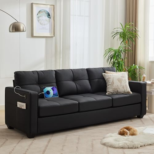 TYBOATLE 88 W Black Faux Leather Couches for Living Room w/USB, Mid-Century Modern Tufted Comfy Leather Couch w/Side Pockets and Wider Arms, 3 Seater Sofa for Office, Apartment, Bedroom