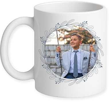 Genérico Taza Personalizada con Foto, Nombre y fecha, Cerámica Blanca, Diseño Floral Azul, Recuerdo de Primera Comunión (Azul) Descuento por cantidad.