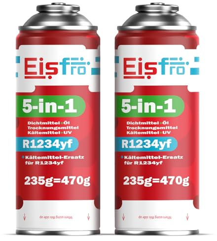 Eisfro 5 en 1 – 2X refrigerante R1234yf para Aire Acondicionado de Coche con Aceite, sellador de Fugas, trazador UV y deshidratante – Aplicación rápida – Protege el compresor – 235 g Cada Lata