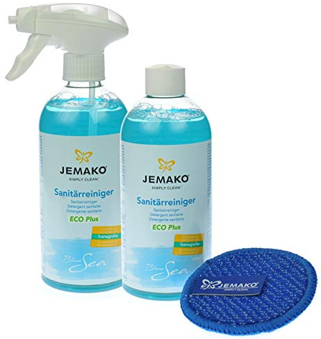 1 Liter Jemako Sanitärreiniger (Blue Sea) ECO Plus - Duopad mini blau (Ø ca. 9,5 cm) inkl. Schaumpumpe und Sinland feinmaschiges Wäschenetz