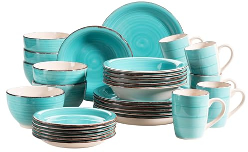 MÄSER 931614 Bel Tempo II Service de table vintage 30 pièces pour 6 personnes en céramique peinte à la main Turquoise