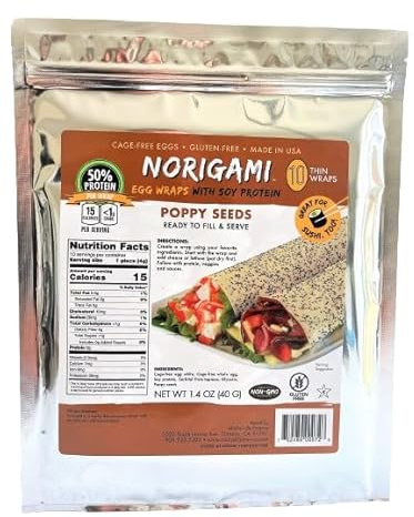Norigami Non-GMO Gluten-Free Soy Wraps Poppy Seeds (10 Wraps), Low Carbs, High Protein, Vegetarian, Ready To Fill And Serve Wraps, Thin And Healthy Wraps (2 Pack)