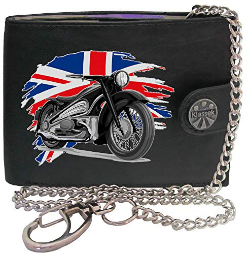 Klassek Biker Classic Vintage Motorbike Motorcycle UK GB Flag Mens Chain Wallet Gift Box Brand Real Black Leather RFID Blocking with Coin Pocket