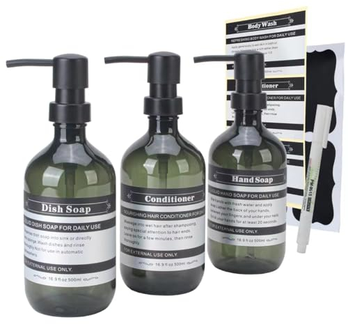 SOOKDEO Dispenser Bottiglia Bagno Cucina Ricaricabile per Shampoo Balsamo Mani Sapone Lozione Doccia Olio con Pompa ed Etichette Impermeabili, 500 ml, Confezione da 3 (giada, senza supporti a parete)