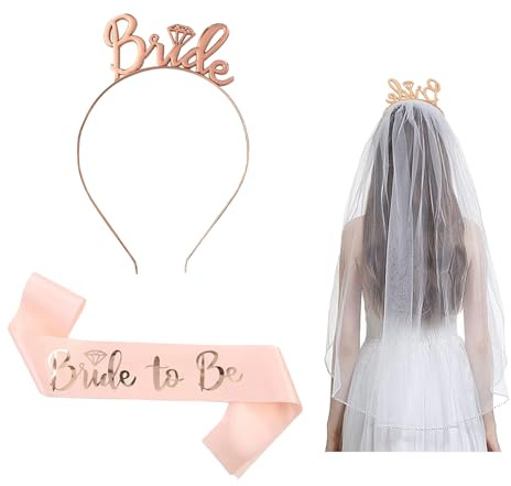 Dzsomt Junggesellinnenabschied Deko Set 2 Stück Bride to be Accessoires Dekoration mit Krone Stirnband Tiara Braut Schärpe Roségold Schärpe für Hochzeit Junggesellinnenabschied Hen Party