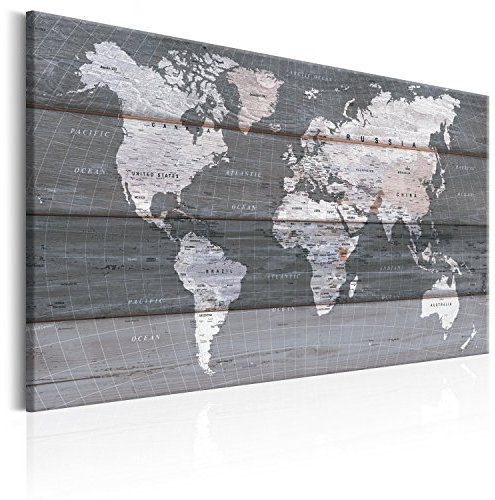 B&D XXL - Akustikbild Bilder Akustikschaum Hochleistungsschallabsorber Schallschutz Leinwand 1 tlg Wandbild Raumakustik Schalldämmung Poster Weltkarte Holz Welt Karte Kontinente