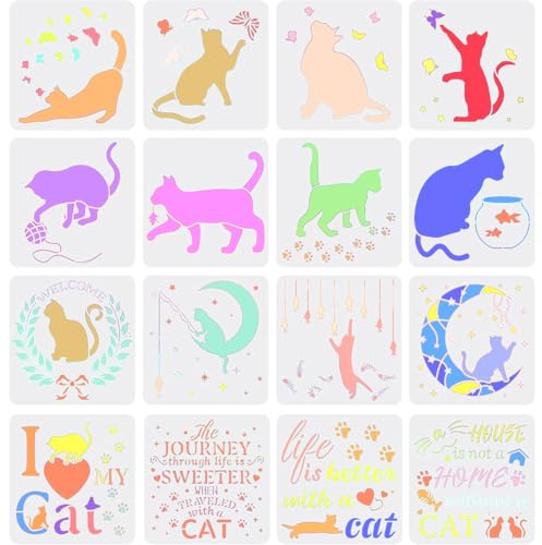 FINGERINSPIRE 16 Stück Katzenschablonen 20x20cm Katze Mond Schmetterling Malschablone Fisch Garn Pfotenabdruck Buchstaben Zeichnen Schablonen zum Malen auf Holz, Boden, Wand und Fliesen