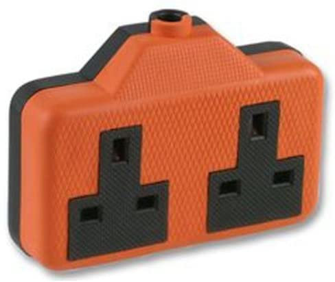 Heavy Duty Electrical Re-Wireable Rubber Block Extension Socket - Orange (double socket)