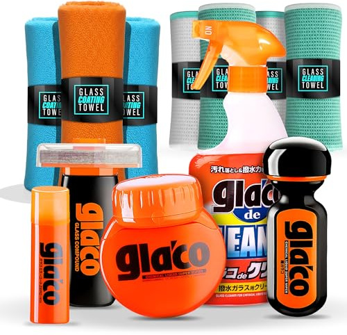 detailmate Paquete de limpieza para auto: Soft99 Glaco limpiador para parabrisas, Ultra Glaco, Roll On grande, Mirror Coat Zero, pasta de pulido para vidrio Roll On + 4X toalla de microfibra Mono