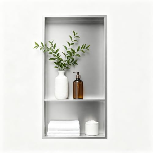Bernkot Nicchia da parete in acciaio inox 304 spazzolato, 60 x 30 cm, doppio scaffale, doccia a scomparsa di nicchia per la conservazione del bagno, nessuna piastrella necessaria, nicchia tramite