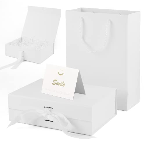 Weiß Geschenkbox Set, Faltbare Magnetische Geschenkbox mit Schleife + Einkaufstasche + 20g Raffia Hamper Shreds + Karte, Dekorative Box für Geburtstag (23x17x7 CM, Weiß(1 Stuck))