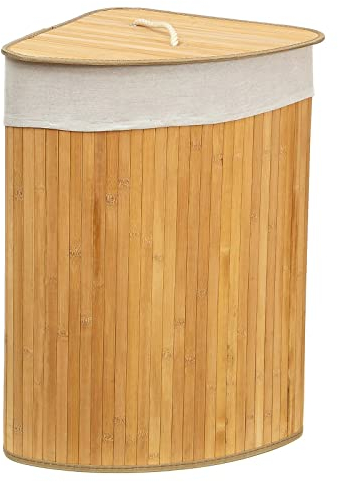Laundry Hamper Corner Storage Basket, Foldable Clothes Basket with Lid & Liner | Corner Laundry Hamper – Space-Saving Laundry Bin for Bathroom, Bedroom, or Laundry Room 60 x 35 x 35 cm, 65L (Natural)